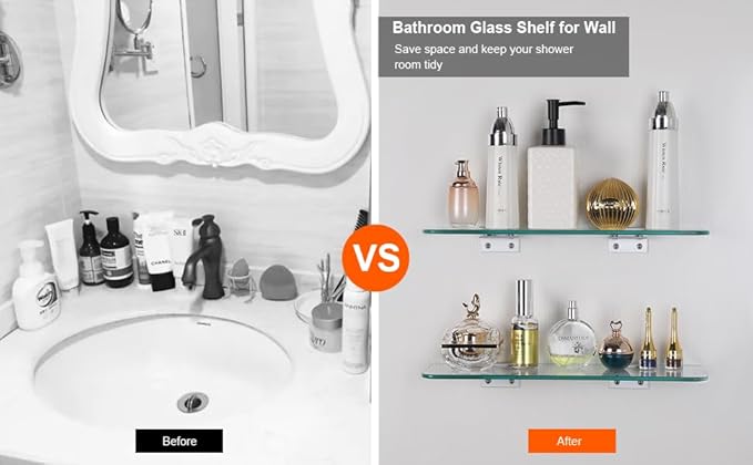 Glass Shower Shelves for Bathroom 2 Tiers Tempered Glass Floating Wall Mounted Shelves for Inside Shower Adhesive Organizer Storage with Aluminum Brackets 15 x 5 Inches