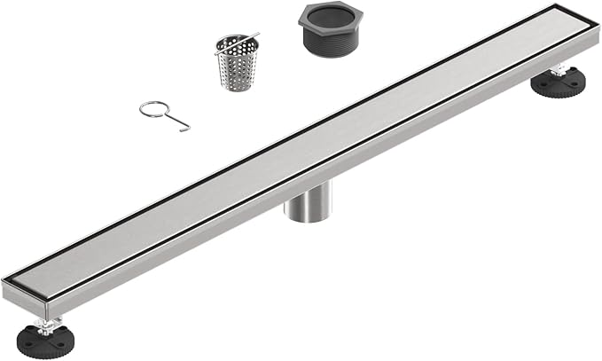 32-Inch Linear Shower Floor Drain, Stainless Steel Bathroom Floor Drains, Rectangular Shower Trench Floor Drain, Hair Strainer, Brushed Nickel