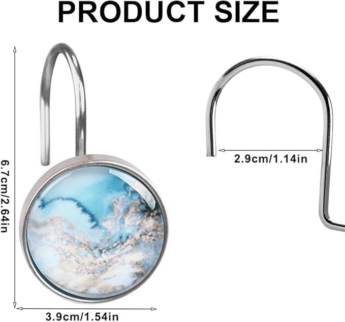 12PCS Blue Gray Glass Shower Curtain Hooks, Decorative Shower Curtain Rings Snowflake Texture Shower Hooks Rustproof Stainless Steel, Bathrom Decor
