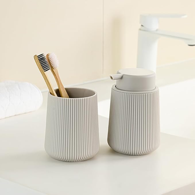 Beige Striped Toothbrush Holder for Electric Toothbrushes Bathroom Organizer for Toothpaste Kids & Adults