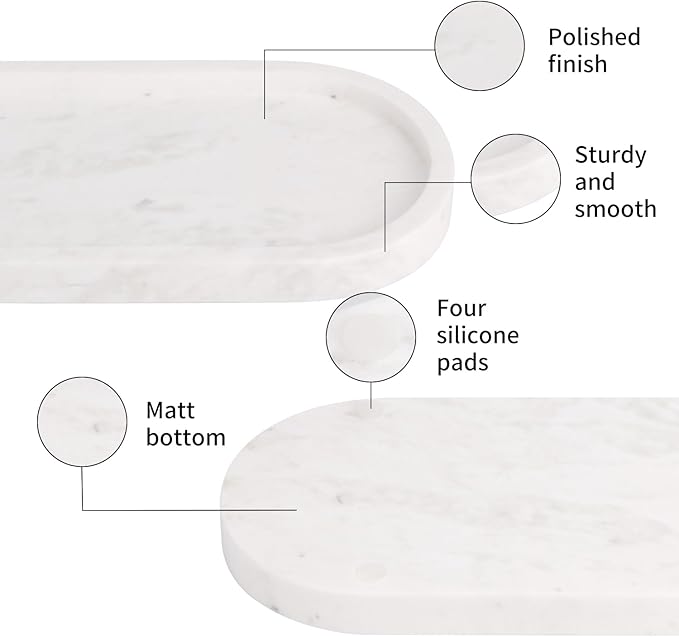 Oval Marble Bathroom Vanity Tray, Natural Luxury Marble Home Kitchen Bathroom Table Tray, Stone Decorative Countertop Serving Trays for Coffee Perfume Jewelry Makeup (White, 10 * 5 * 0.6)