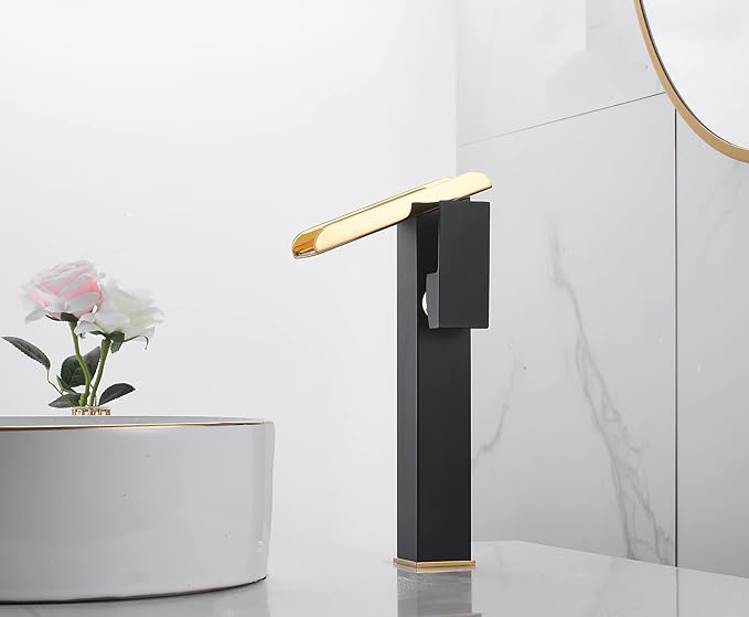 Bathroom Vessel Sink Faucet Black Gold Tall Spout Brass Waterfall Single Handle One Hole Bathroom Faucets Vanity Lavatory Bowl Sink Commercial Basin Water Supply Line Above Counter