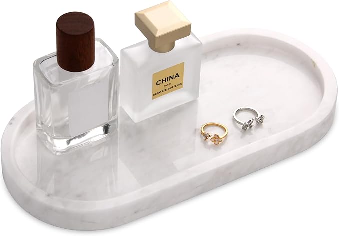 Oval Marble Bathroom Vanity Tray, Natural Luxury Marble Home Kitchen Bathroom Table Tray, Stone Decorative Countertop Serving Trays for Coffee Perfume Jewelry Makeup (White, 10 * 5 * 0.6)