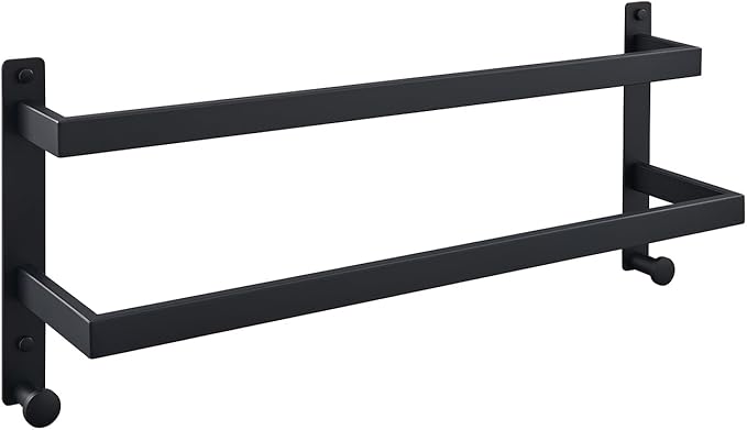 24 Inch Double Towel Bar with Hooks Matte Black, Stainless Steel Bath Shower Towel Rack Wall Mounted Towel Rod Holder for Bathroom