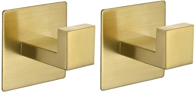 Wolibeer Gold Coat Hooks - Self Adhesive, No Drill Towel Hooks for Bathroom & Kitchen - 2 Pack
