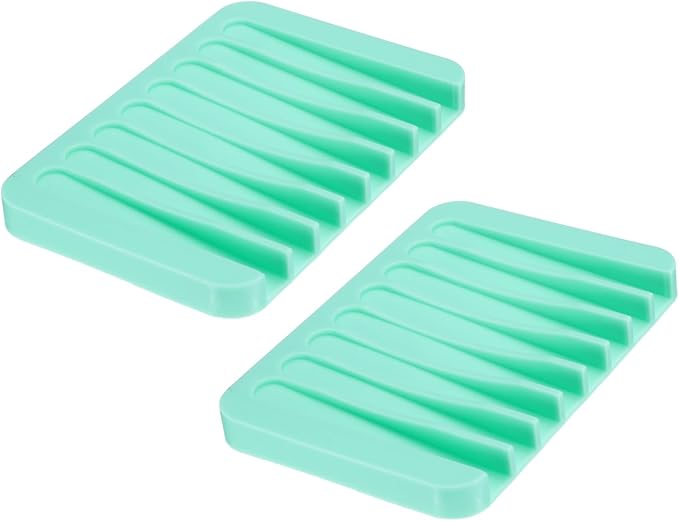 uxcell 2 Pcs Self Draining Silicone Soap Dish, Soap Tray with Drainage for Bathroom Shower Kitchen Sink, 4.5" x 3.1" x 0.4", Mint Green