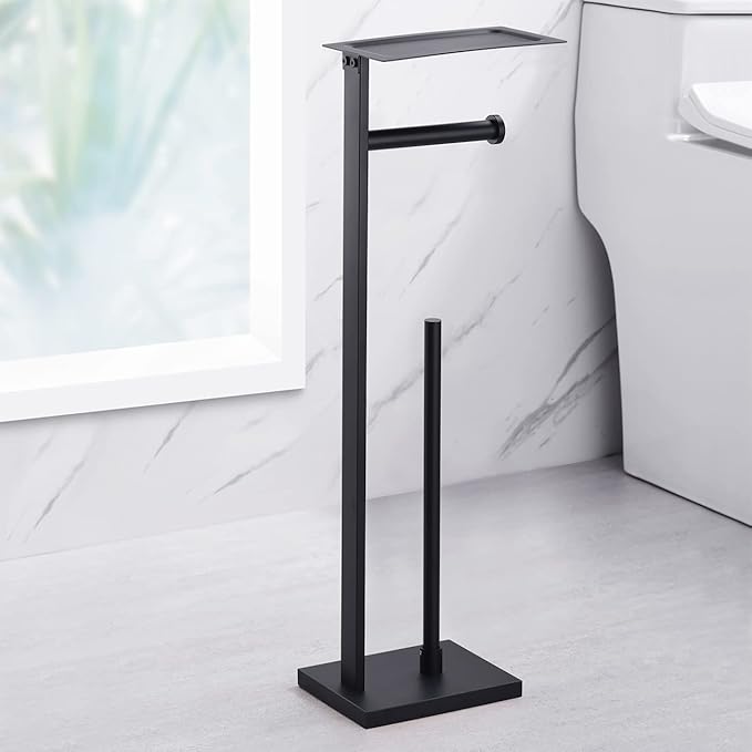 Miyili Matte Black Freestanding Toilet Paper Holder with Shelf, Paper Towel Dispenser Storage Organizer for Bathroom Square Style, F04B2