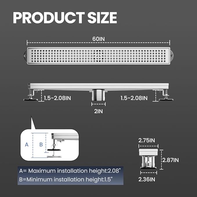 Linear Shower Drain 60 Inch, Brushed AISI 304 Stainless Steel Shower Drain with Square Hole Panel, for Bathroom, Kitchen, Garage & More