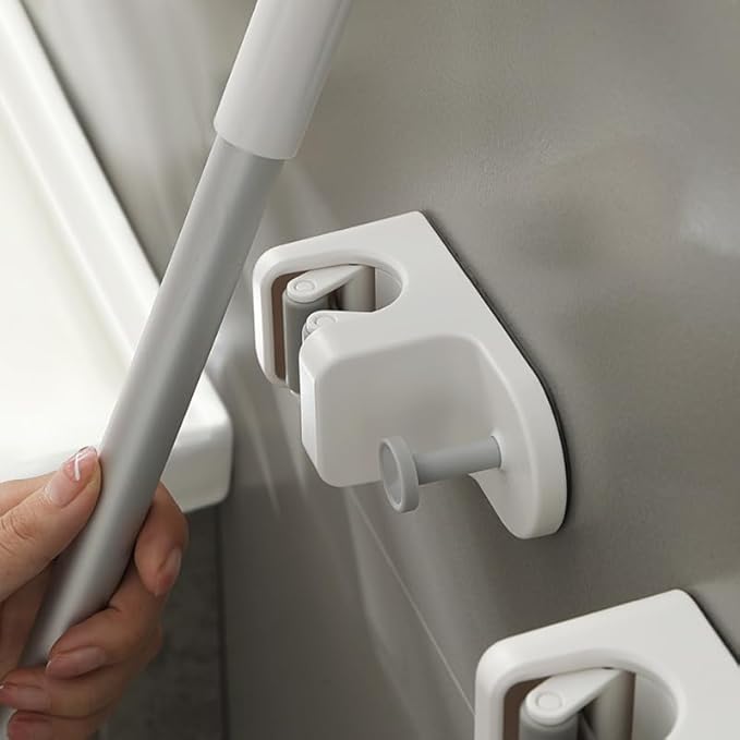 So Nice Mop and Broom Holder (No Drill & Strong Adhesive) Wall Mount with Key Hook, All-in-One Organizer for Bathroom & Kitchen (Holds Towels & Sponges), Fits 0.75-1.2 Inch Handles, White