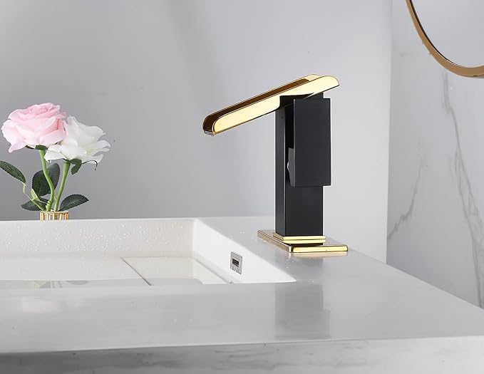 Bathroom Sink Faucet Black Gold 1 Hole Single Handle Waterfall Open Spout Bath Faucets Brass Sinks Lavatory Bath Vanity Faucets Basin Mixer Tap Supply Line Golden Hole Cover Plate