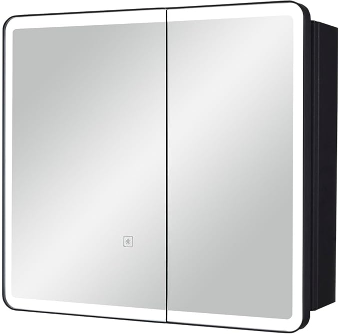 LED Bathroom Medicine Cabinet with Round Corner Framed Mirror Door 22 x 20 inch, Recessed or Surface Mount, with Adjustable Glass Shelves Shelves