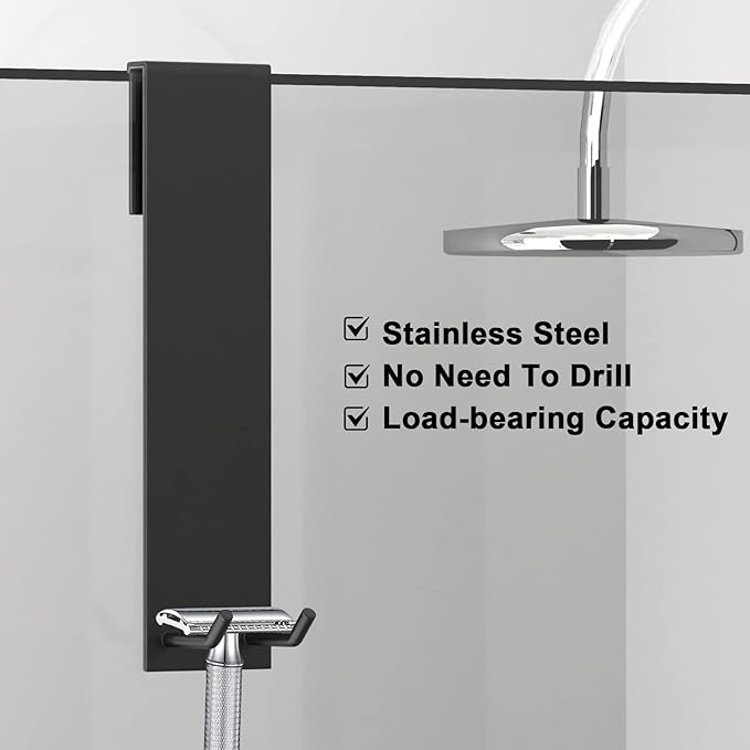 Shower Door Hook, Extended Length Frameless Shower Door Hook (7 Inches), Heavy-Duty Bathrobe Towel Stainless Steel Hook, No Drilling or Adhesive Required, 2-Pack, Black