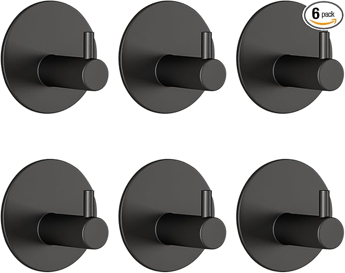 Miliocry 6 Packs Bathroom Towel Hooks, Adhesive Hooks Heavy Duty Wall Hook, Waterproof Stainless Steel Towel Hanger Robe Hat Coat Holder, Wall Mount Hooks for Bathroom,Bedroom,Kitchen(Black-Round)