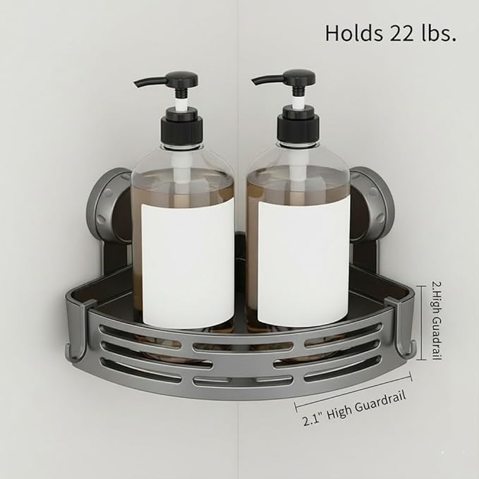 Suction Cup Corner Shower Caddy - Rust Proof Bathroom Shelf - No Drill Removable Storage Rack with Hooks for Suite Dorm, RV & Tile Walls (Matte Black, 3PCS)