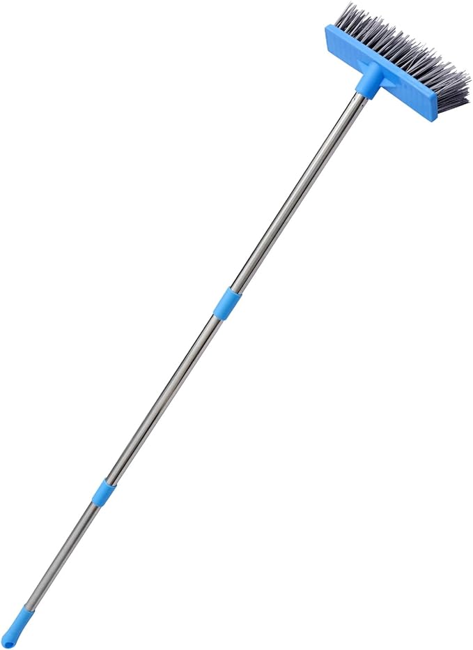 Wide Floor Cleaning Brush with Long Stainless Steel Handle Hard Plastic Bristles for Tile Bathroom Kitchen and Home Floors Ergonomic Design for Grout and Surface Scrubbing in Blue