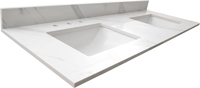 MSI Calacatta Lumas Vanity Top with Under Mount Rectangle Double Bowl Ceramic Sinks, Engineered Marble Stone, 4" CC Faucet Holes, 61"X22"