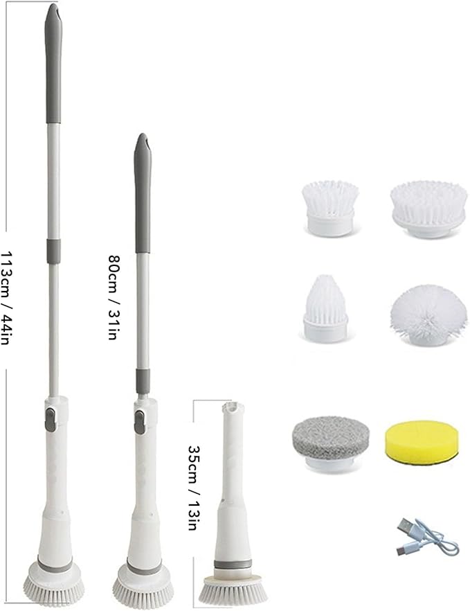 Electric Scrubber, 25W Cordless Brush with 6 Brush Heads, 2 Speeds, Adjustable Length, IPX6 Water Proof, for Bathroom Kitchen Tile Floor