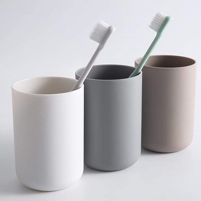 Bathroom Plastic Toothbrush Cup, Tumbler for Home Bathroom Toothbrush Holder, Unbreakable Dishwasher Safe, Reusable and Sturdy Drinking Cup, 11 OZ (White&Brown)