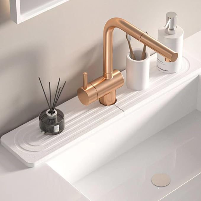 Stone Faucet Mat for Kitchen Sink, 23.6'' Long Quick Drying Absorbent Diatomite Sink Tray, Faucet Splash Guard for Kitchen,Bathroom Counter, Prevents Moisture, Super Absorbent, White