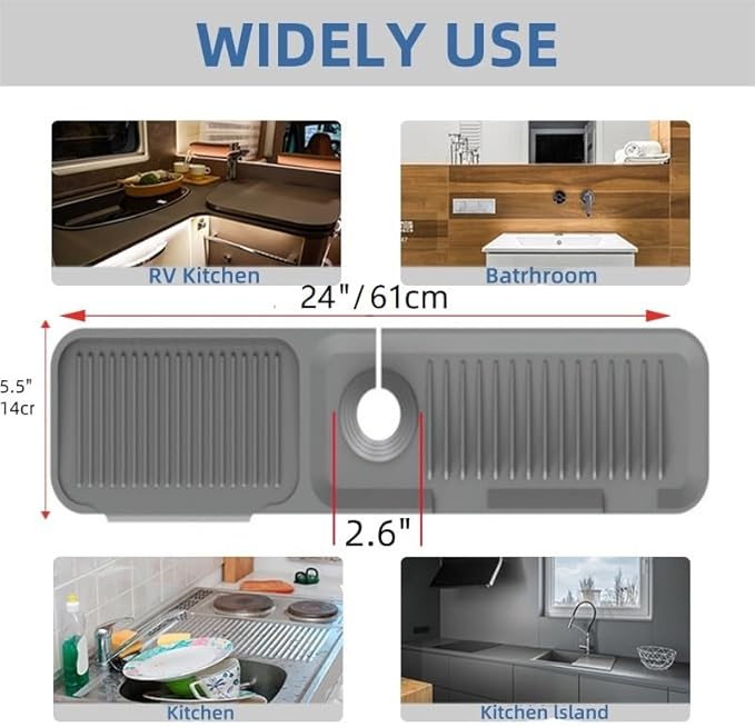 Kitchen Sink Splash Guard - 5 Slope Behind Faucet, 24in Silicone Mat Catcher, Longer Protector for Kitchen Sink (Grey, XL)