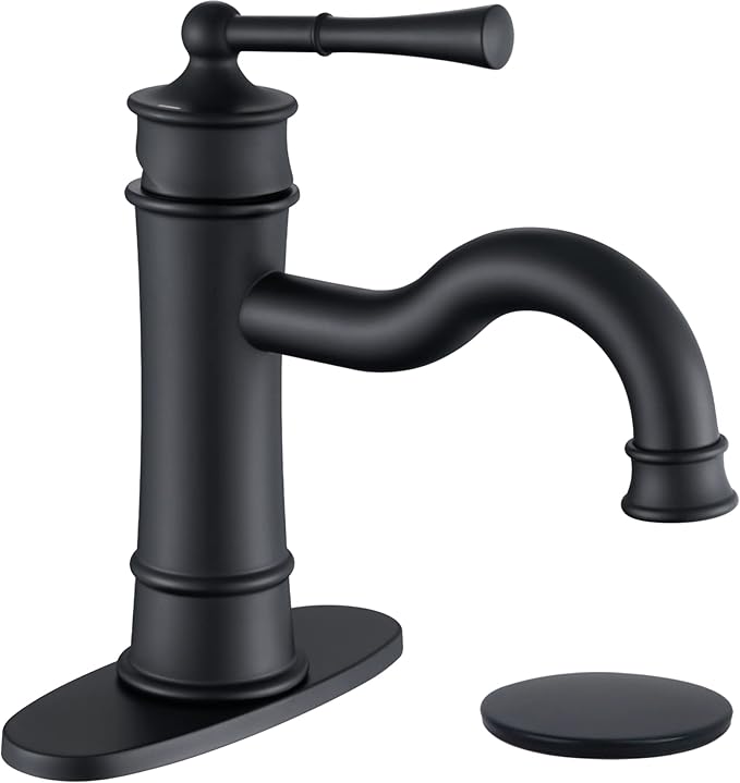 Roman Bathroom Sink Faucet Matte Black Single Hole Deck-Mount Pop-up Drain Assembly with Overflow Deck Plate and Water Supply Lines Included
