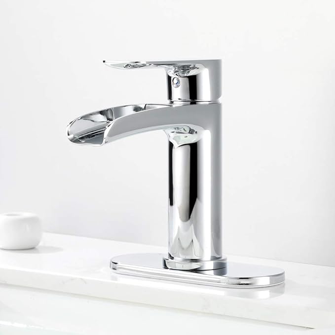 NEWATER Waterfall Spout Bathroom Sink Faucet Basin Mixer Tap Polished Chrome Single Handle with Pop-Up Drain & Supply Hoses