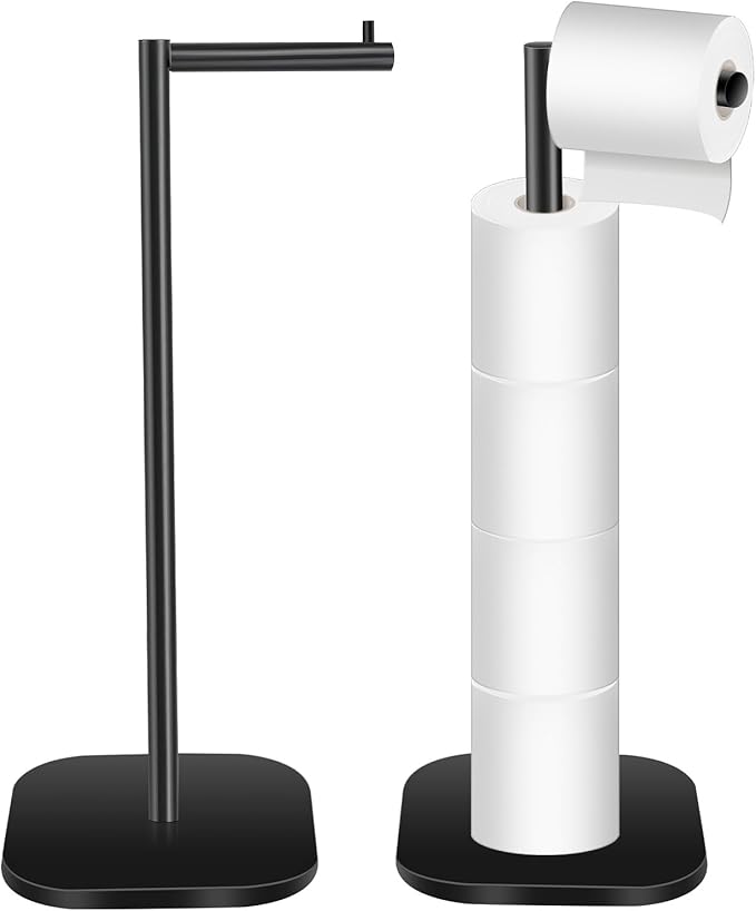 Toilet Paper Holder Stand Freestanding, Matte Black Toilet Paper Stand for Bathroom, Stainless Steel Toilet Paper Roll Holder with Storage,Tissue Holder,Non-Slip,Rust Proof