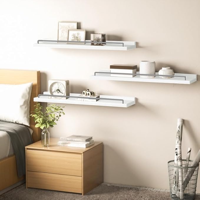22 inches Long Floating Shelves, Bathroom Decor Shelves Over Toilet, Farmhouse Wall Shelves for Living Room, Bedroom, Picture Frames, Plants, Kitchen, Set of 3 (White and Grey)