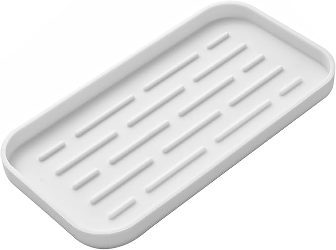 Silicone Kitchen Sink Organizer Tray for Multiple Usage,Eco-Friendly Sponges Holder for Kitchen Bathroom Counter or Sink,Dish Soap Dispenser,Scrubber,Bottle,Cup (White, 10"×5.3")