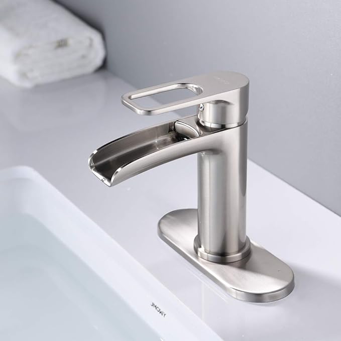 NEWATER Waterfall Spout Bathroom Sink Faucet Basin Mixer Tap Single Handle Brushed Nickel