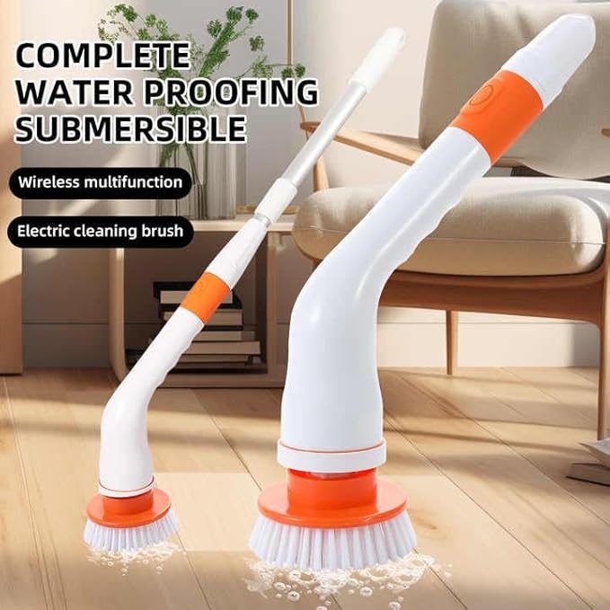 Cordless Electric Cleaner Brush IPX8 Waterproof, Bathroom, Kitchen, House Floor Cleaning Brush with Replaceable Brush Heads Adjustable Extension Handle Powerful Cleaning Brush