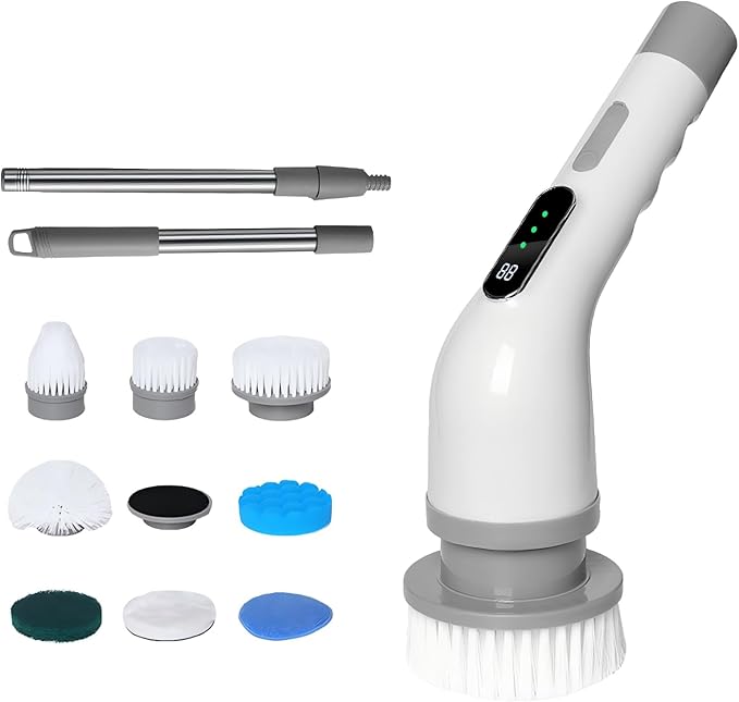 Electric Spin Scrubber for Cleaning Bathroom, Cordless Shower Scrubber Brush with Extendable Handle, Bathroom Accessories Scrub Brush for Tile Tub (White)
