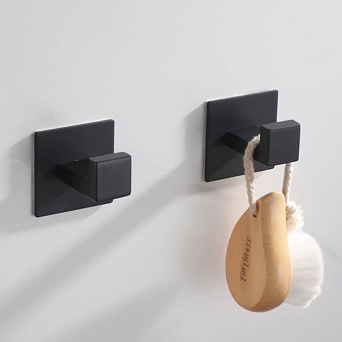 Flybath Coat Hook SUS 304 Stainless Steel Towel Robe Hooks Square Bathroom Accessories Wall Mounted Self Adhesive (No Drilling), Plating Matte Black - 2 Pack
