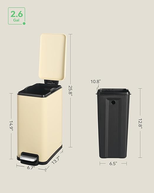 Small Bathroom Trash Can with 15 Garbage Bags,2.6 Gallon Stainless Steel Garbage Can with Lid Soft Close,Small Trash Bin for Bathroom,Kitchen,Home Office,Almond Yellow