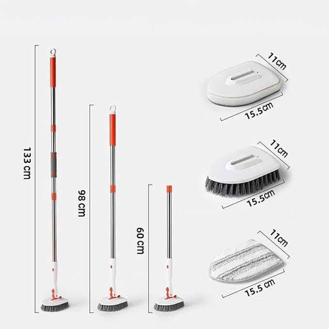 CLISPEED Bathroom Floor Brush Scrubber Set with Hard Bristle and Fiber Cloth, 3-Section Extendable Handle Tub and Tile Scrub Brush for Shower, Grout, and Floor Cleaning