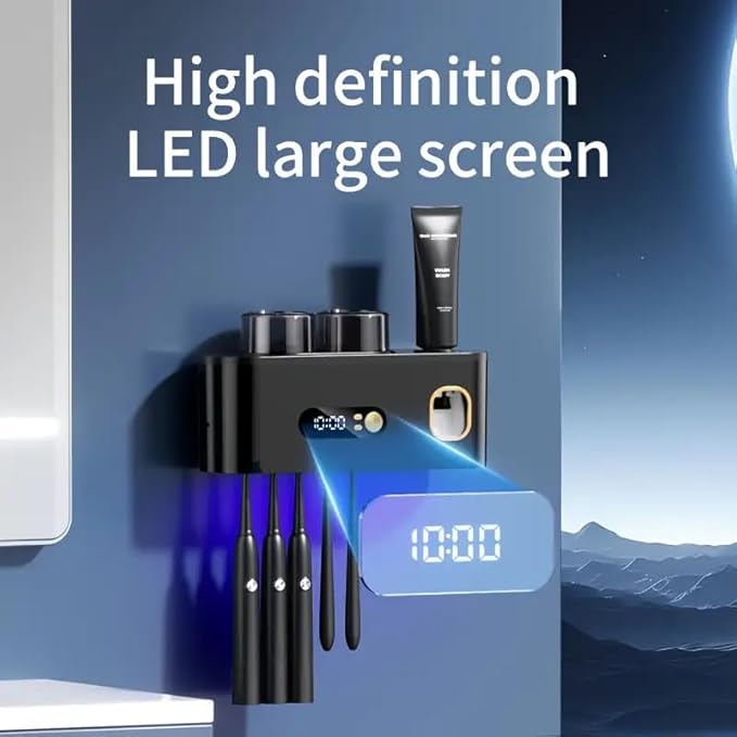 UV Toothbrush Sanitizer Wall Mount No Drill with Toothpaste Dispenser, Clock Time Display Toothbrush Holder Family Size, Electric Toothbrush Organizer Cleaner for Bathroom