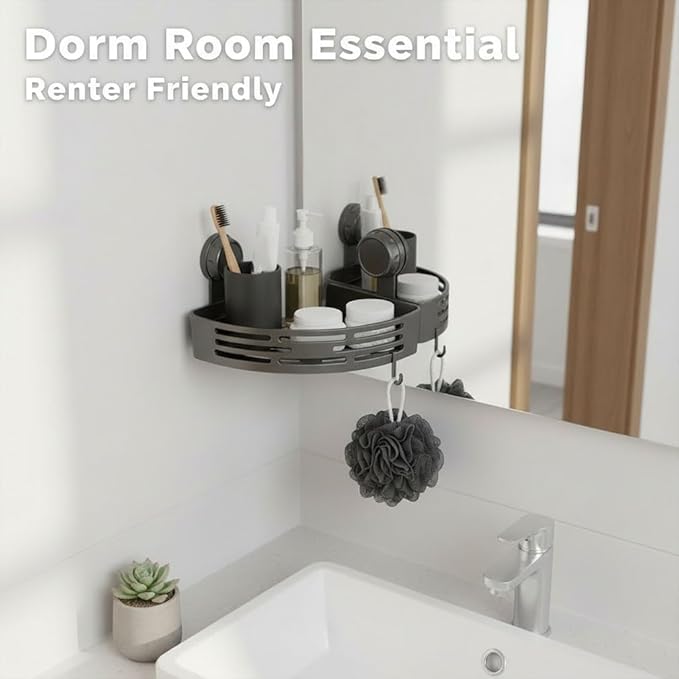 Suction Cup Corner Shower Caddy - Rust Proof Bathroom Shelf - No Drill Removable Storage Rack with Hooks for Suite Dorm, RV & Tile Walls (Matte Black, 2PCS)