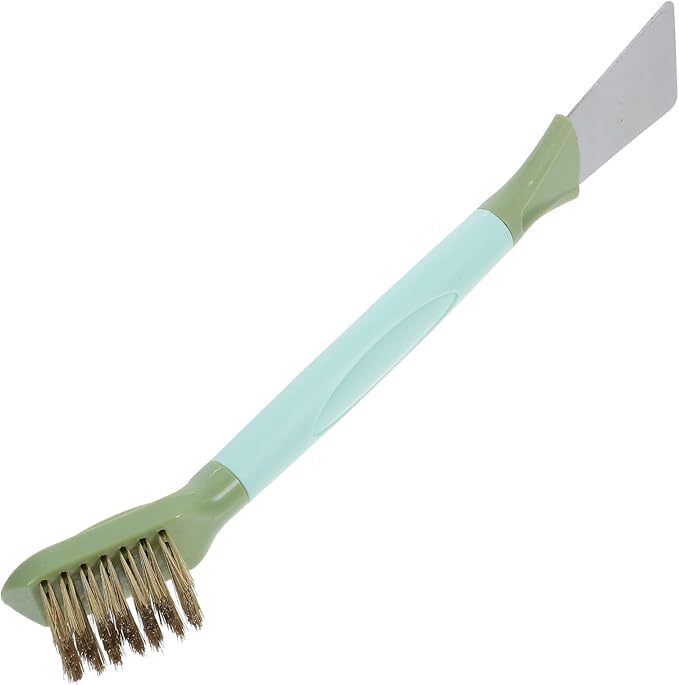 Toyvian Hard Bristle Crevice Cleaning Brush and Scraper, 2-in-1 Gap and Edge Brush for Kitchen Stove, Bathroom Gutter, and Window Track Cleaning, Green Dual-Headed Tool for Household Use