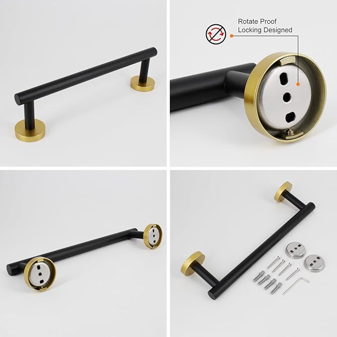 5-Pieces Bathroom Accessories Kit Black & Gold Wall Mounted - Includes 24" Double Towel Bar, 12" Hand Towel Bar, Toilet Paper Holder, 2X Robe Towel Hooks