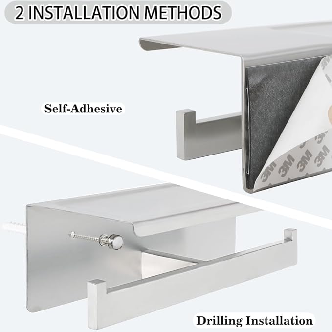 Alise Double Toilet Paper Holder,Bathroom Tissue Holder with Shelf,SUS304 Stainless Steel Toilet Paper Roll Holder Storage Dispenser,Self Adhesive or Wall Mount Drilling Paper Rack,Brushed Nickel