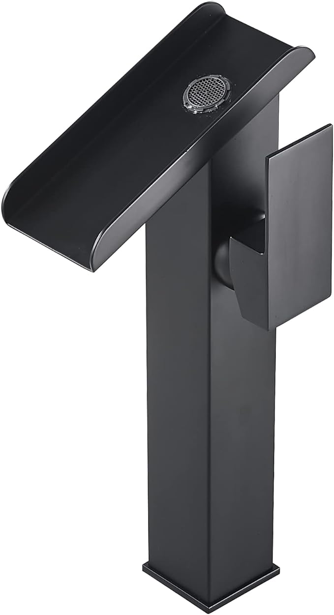 Waterfall Vessel Sink Faucet Bathroom Black Single Hole One Handle Brass Bowl Sink Faucets with Supply Line Deck Mounted Tall Lavatory Vanity Basin Tap Pedestal Commercial