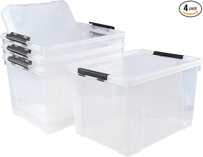 Drephia 4 Pack Clear Latch Storage Bin with Lid and Wheels, 50 L Large Plastic Storage Container Box