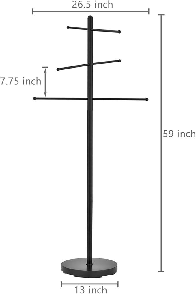 MyGift 6 Bar Outdoor Towel Rack for Pool, Modern Black Metal Free Standing Hot Tub Bathroom Accessories Storage Holder for Bath Towels, SPA & Poolside Towel Stand with Round Weighted Base
