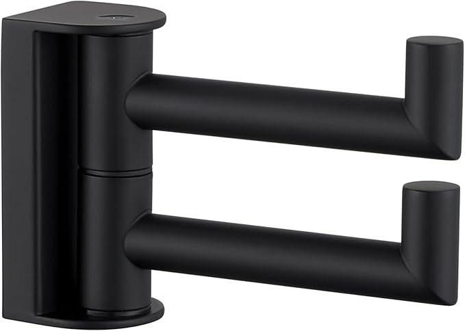 APLusee Swivel Towel Hook 2 Arms Matte Black, 304 Stainless Steel Bathroom Double Towel Holder, Folding Robe Hook Wall Mounted