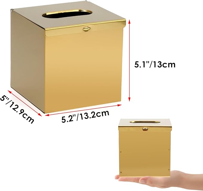 Sumnacon Tissue Box Cover Square Stainless Steel Tissue Box,Wall Mount Tissue Box Holder with Srews,Stylish Tissue Holder for Bathroom Toilet Bedroom Living Room Kitchen Table Desk Office, Gold