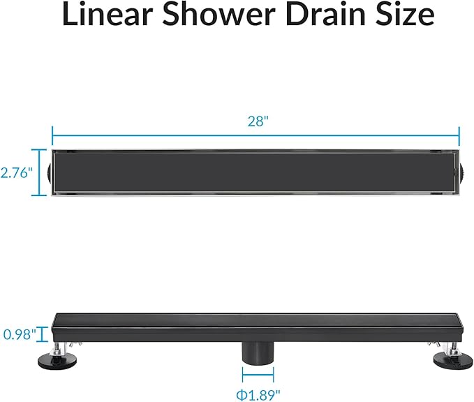 28 Inch Linear Shower Drain Matte Black Floor Drain for Bathroom Kitchen Rectangular 2 in 1 Floor Drain Tile Insert Cover 304 Stainless Steel Easy Install with Hair Strainer, Adjustable Leveling Feet