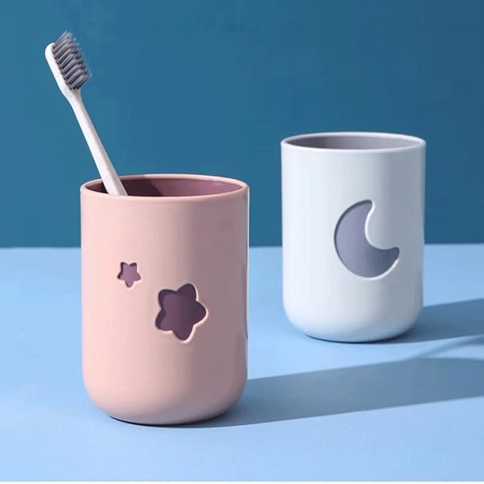 Two-Color Lucky Pair Cup Bathroom Toothbrush Cup Household Cartoon Star Moon Water Cup (Pink & White)