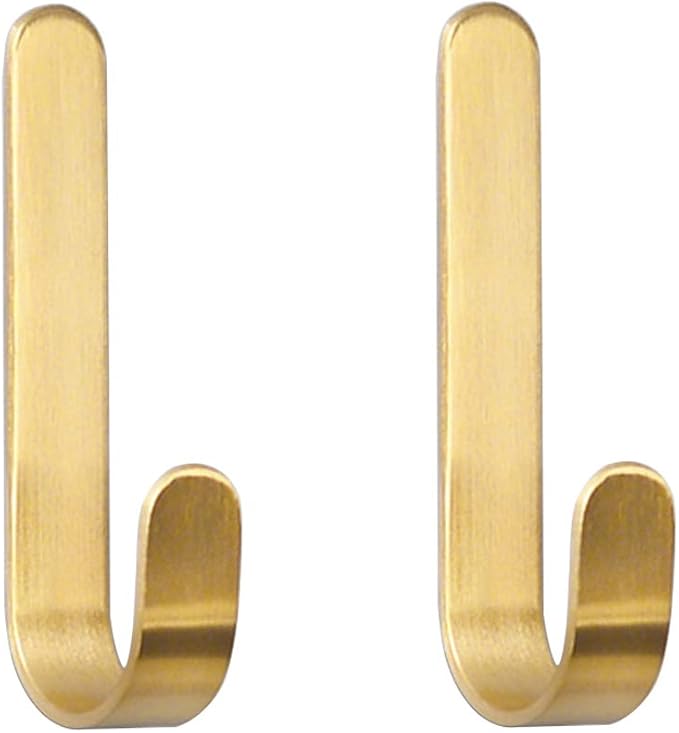 Brass Bath Towel Hook, Brushed Gold Coat Robe Clothes Hook for Bathroom Kitchen Garage Wall Mounted (Pack of 2), No Screw Need
