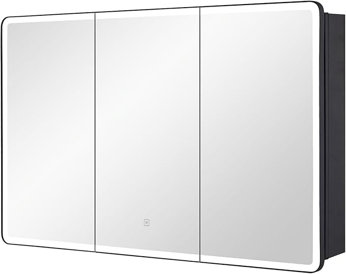 Lighted Bathroom Medicine Cabinet with Round Corner Framed Mirror Door 40 x 25.5 inch, Recessed or Surface Mount, with Adjustable Glass Shelves