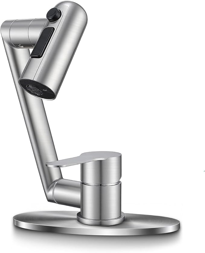 Single Handle Bathroom Faucet, 1080° Swivel Rotatable Faucet with 6'' Deck Plate, Short Bath Sink Faucets for Kitchen Rv Bath Lavatory Sink 1 or 3 Hole, Brushed Nickel